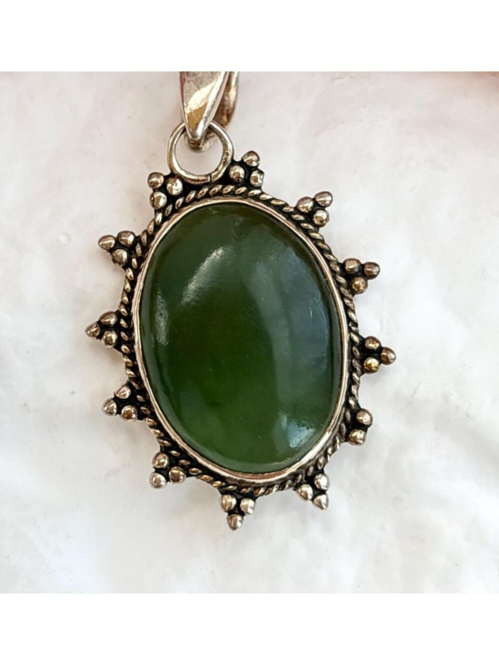 Natural Green Nephrite Sunray | Starburst Sterling Silver Vintage 925 Pendant